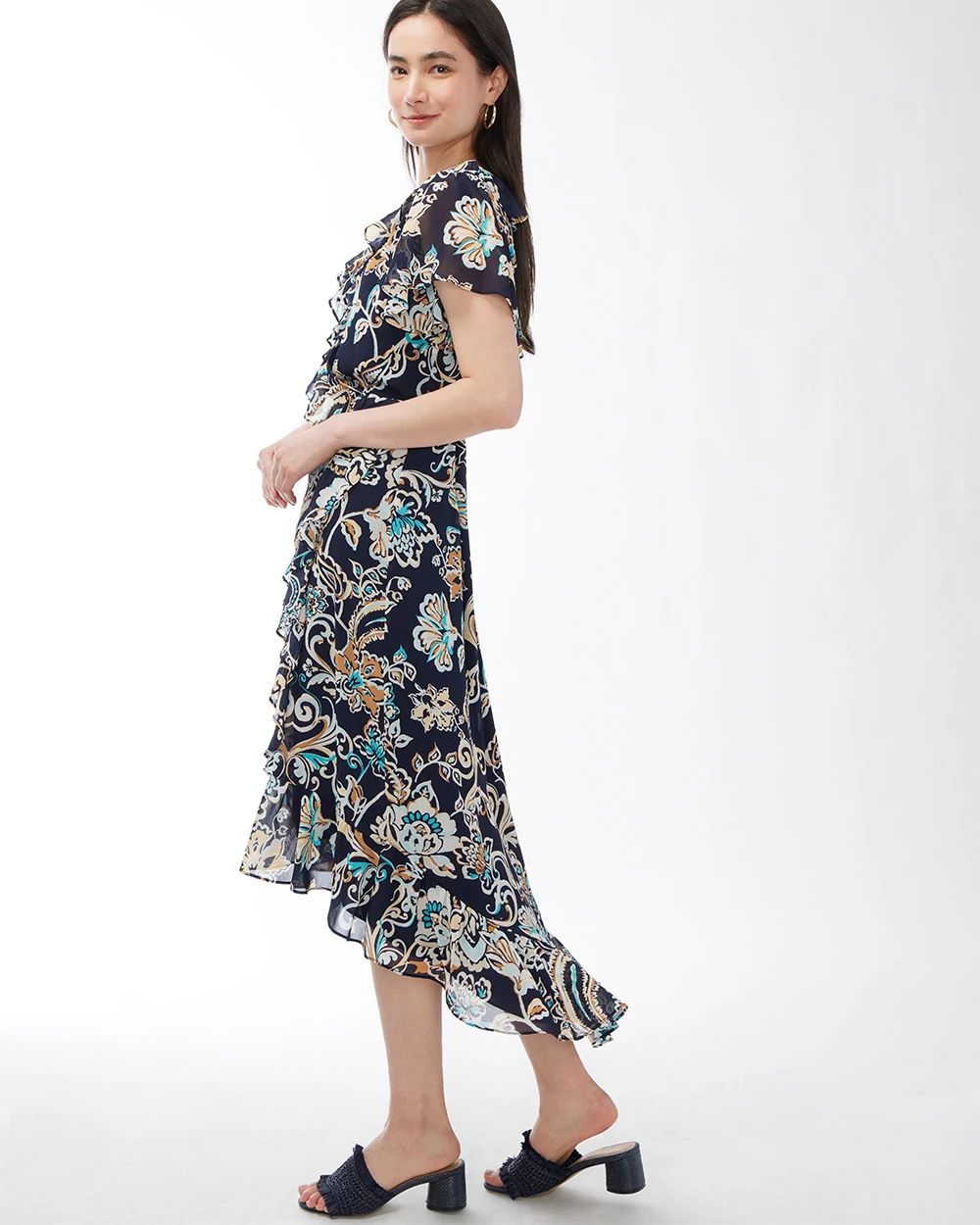 Faux Wrap Paisley Ruffle Dress