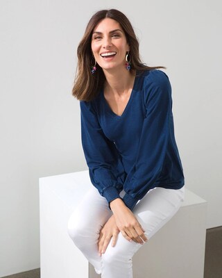 Faux Denim Smocked Sleeve Tee