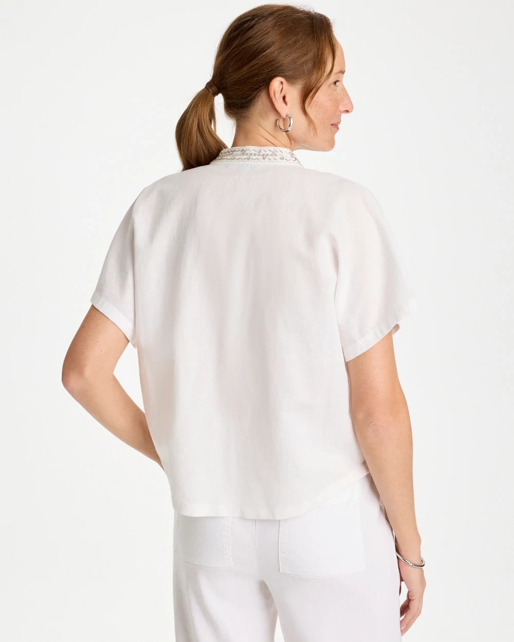 Linen Embellished Popover Top