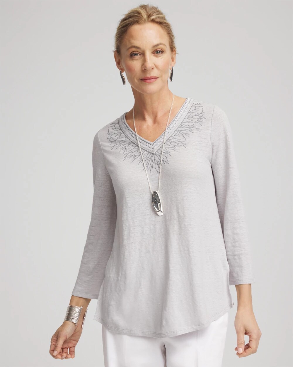 Linen Metallic Embroidered V-Neck Tunic