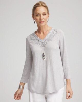 Linen Metallic Embroidered V-Neck Tunic