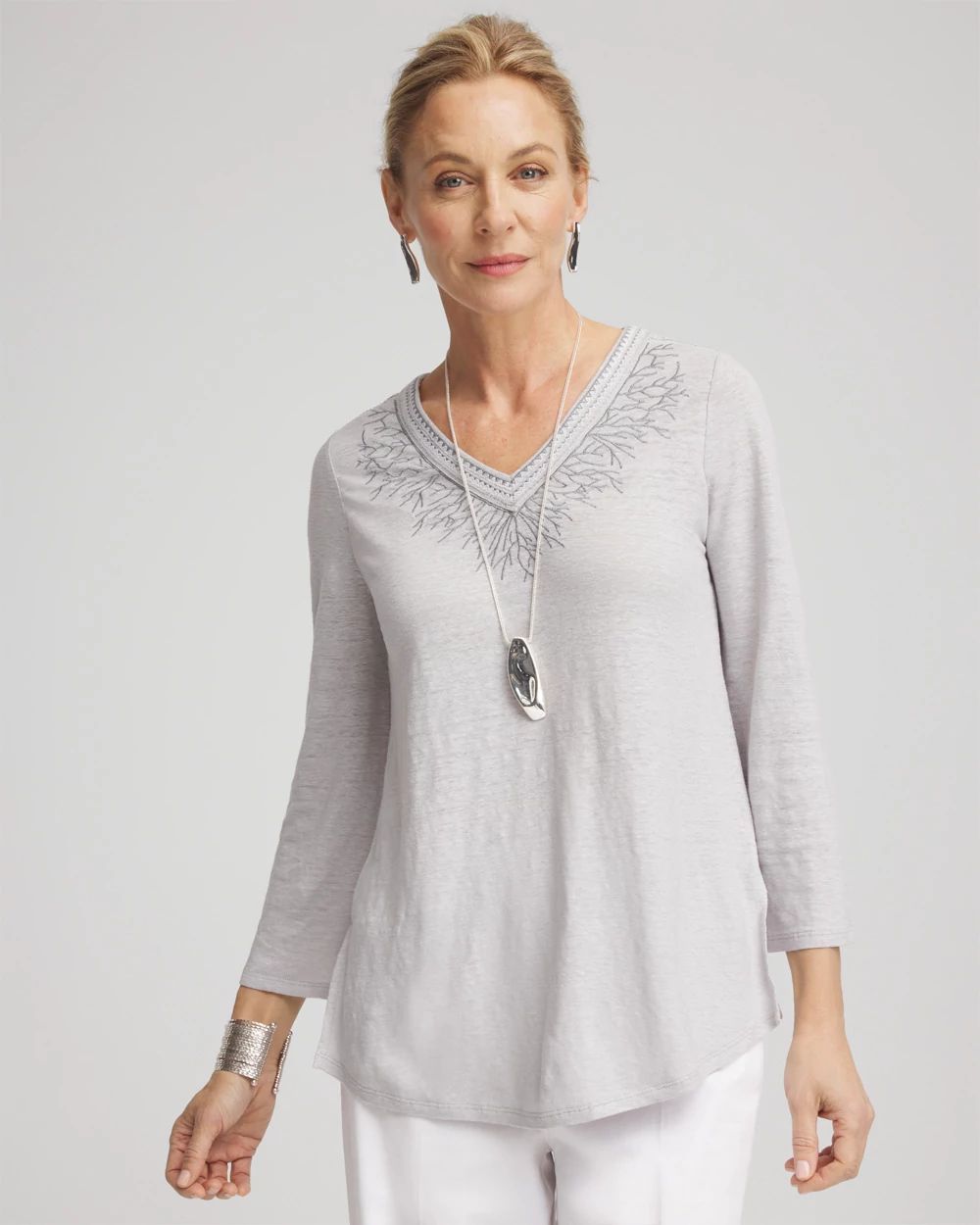 Linen Metallic Embroidered V-Neck Tunic