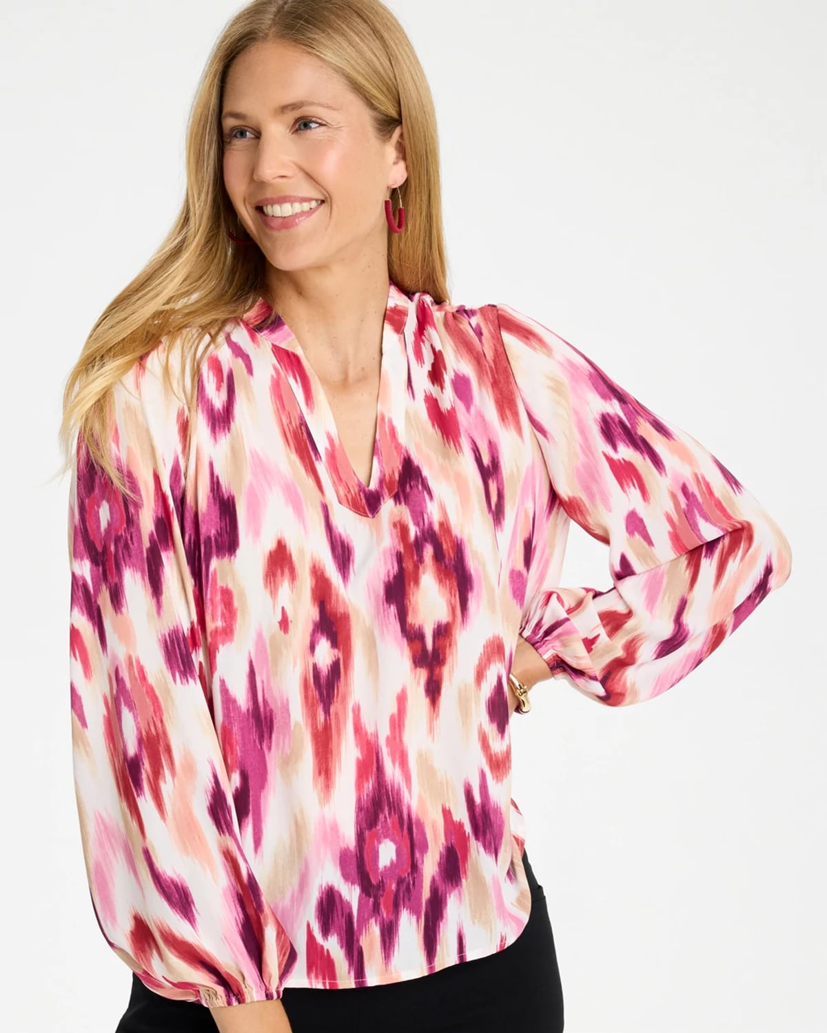 Chico's Crepe Sunset Long Sleeve Blouse In Raspberry