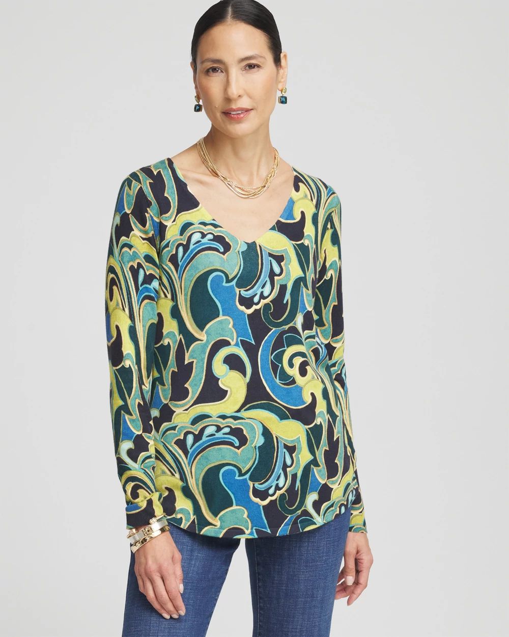Scroll Print V-Neck Sweater
