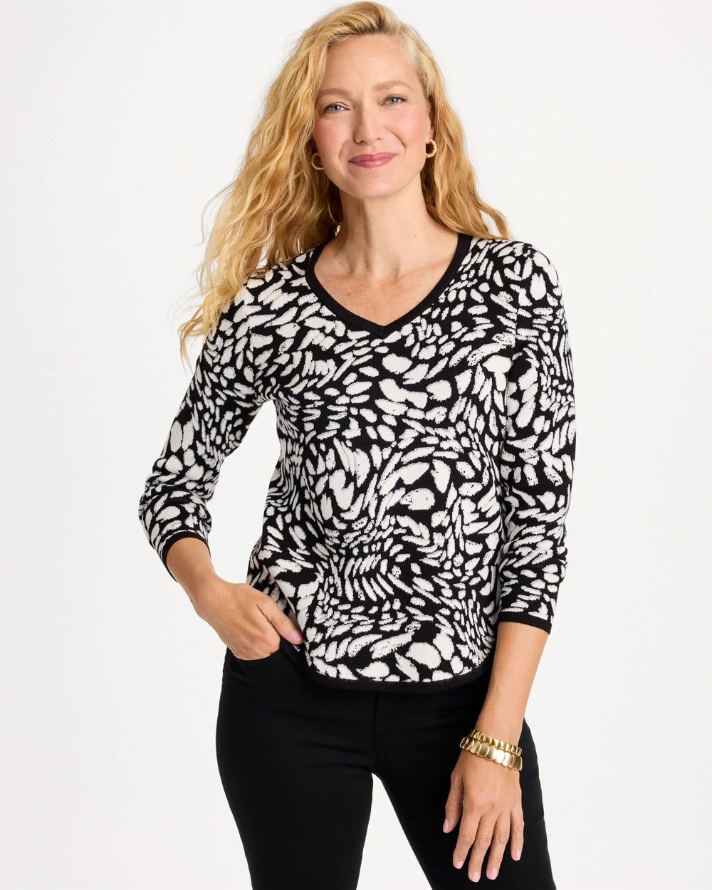 Ella Jacquard Metallic V-Neck Pullover Sweater