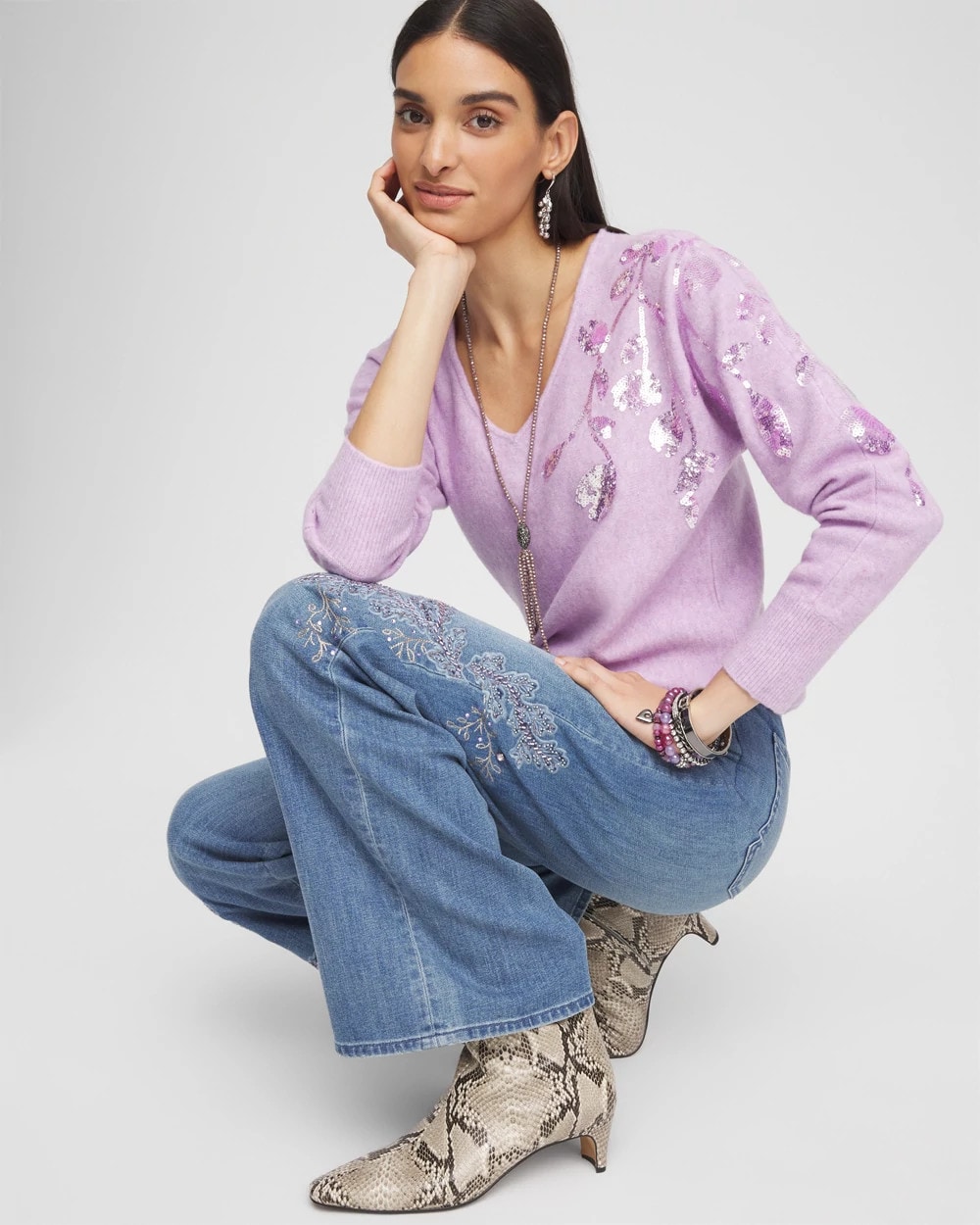 Sequin V-Neck Pullover Sweater