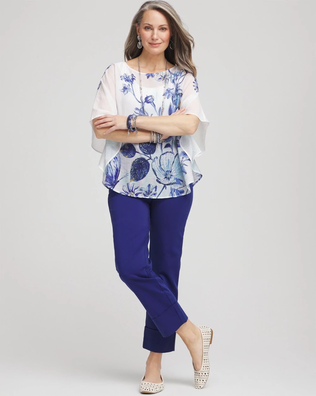 Chico's Woven Butterfly Print Poncho In White In White