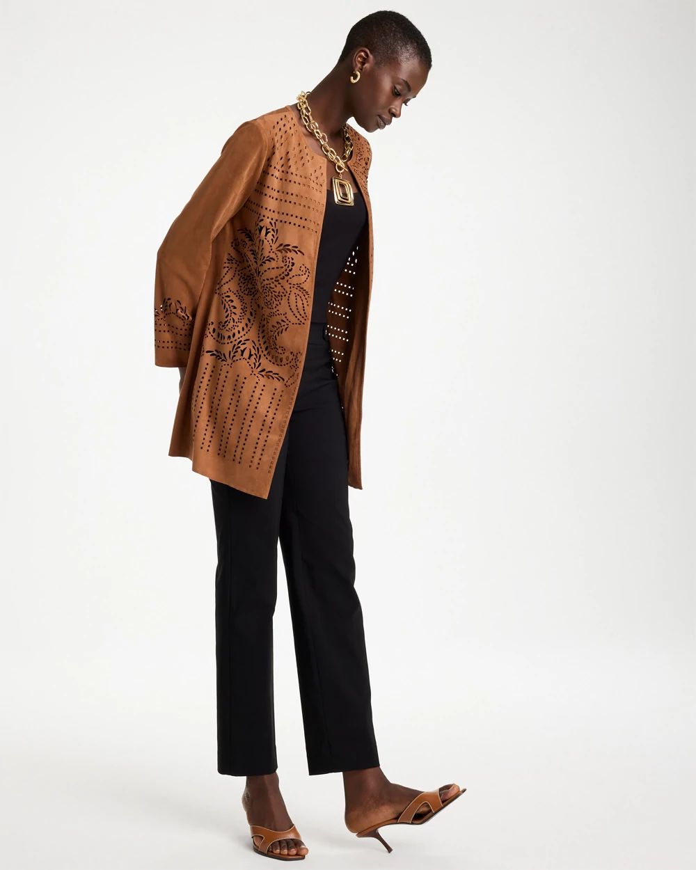 Faux Suede Cutwork Longline Jacket click to view larger image.