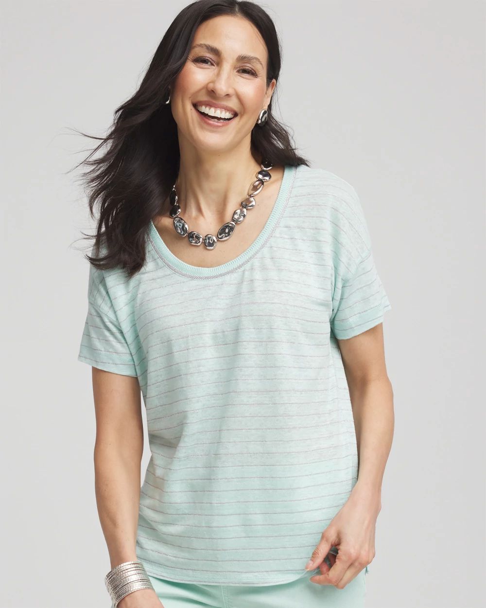 Striped Sweater-Trim Linen Tee