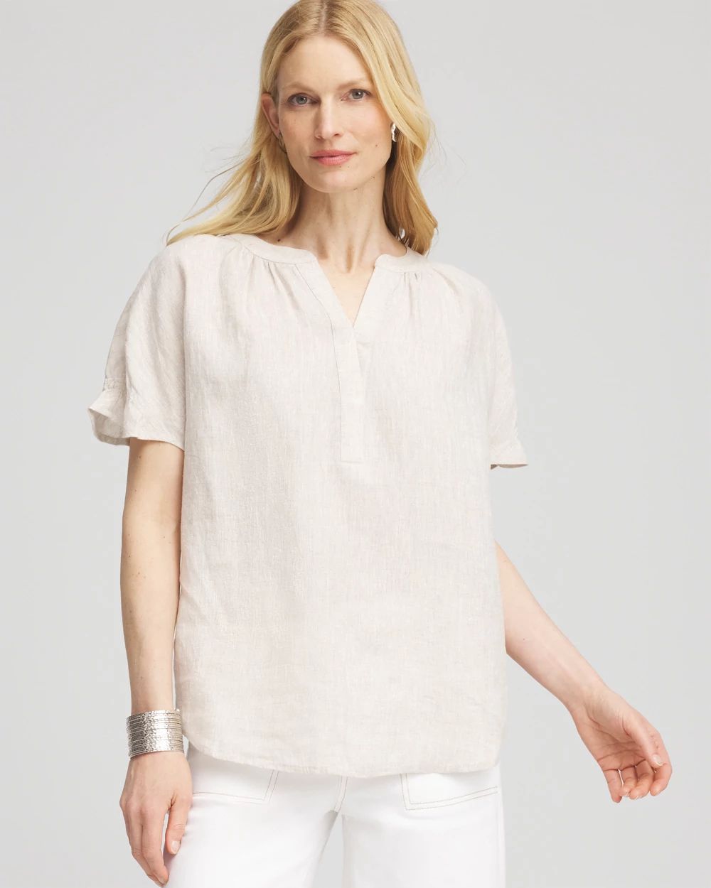 Linen Flutter-Sleeve Popover Top