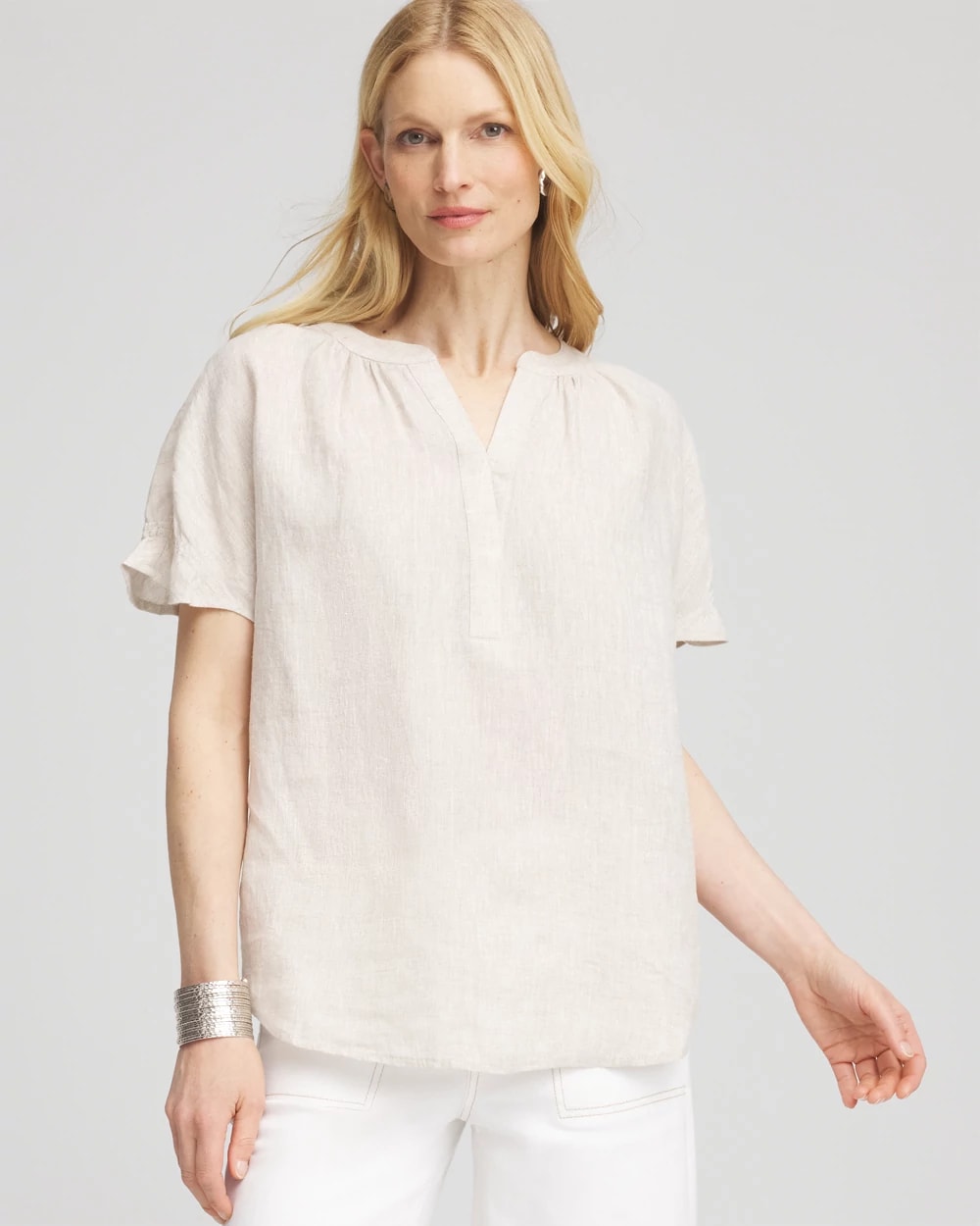 Linen Flutter-Sleeve Popover Top, photo 1 of 5
