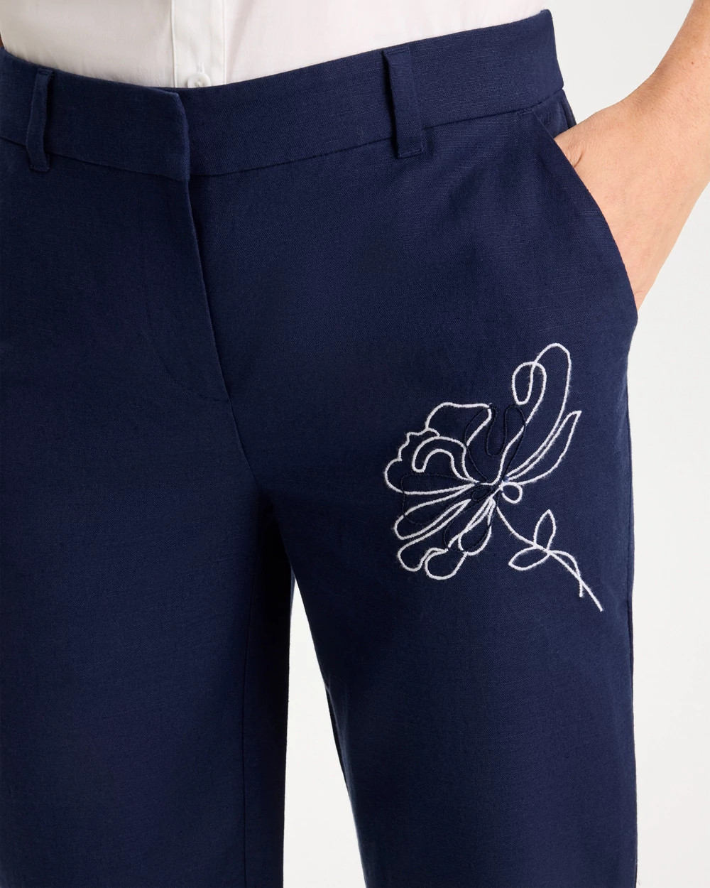 Embroidered Linen Fly Front Pants