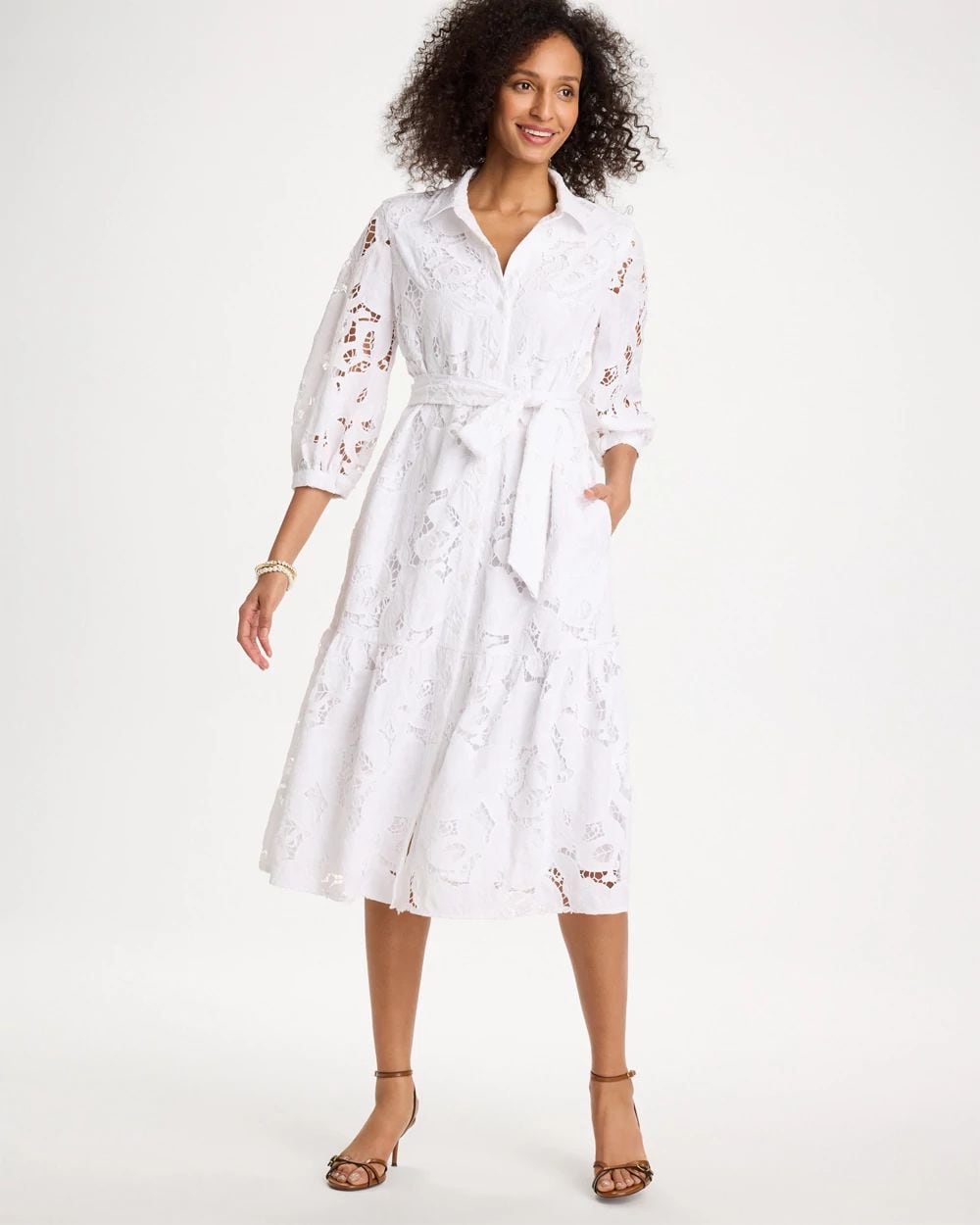 Lace Cutout Belted Shirtdress