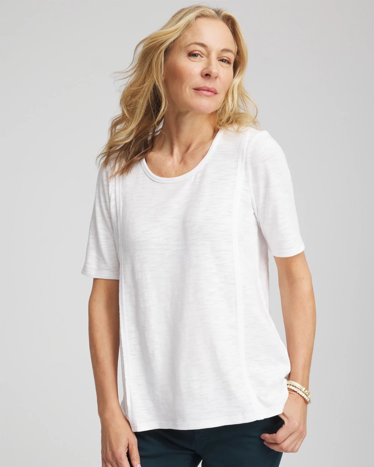 Chico's Double-knit Paneled Elbow Tee In White In Multi
