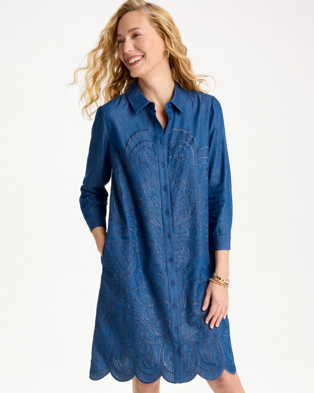 Women's Denim Embroidered Dress in Blue size 10-Medium | Chico's Women's Denim Embroidered Dress in Blue size 10-Medium | Chico's