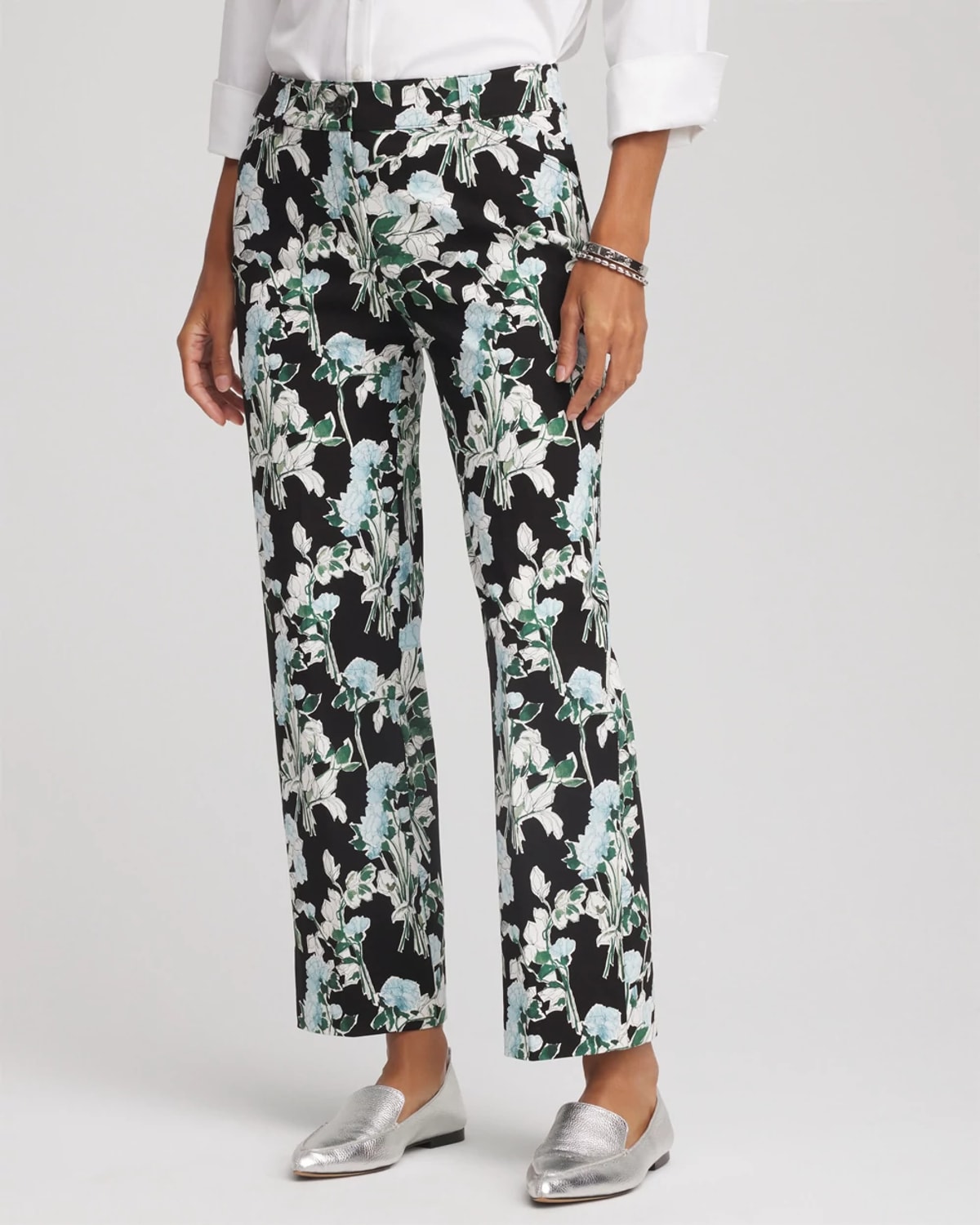 Chico's Floral Emme Straight Ankle Pants In Black In Black