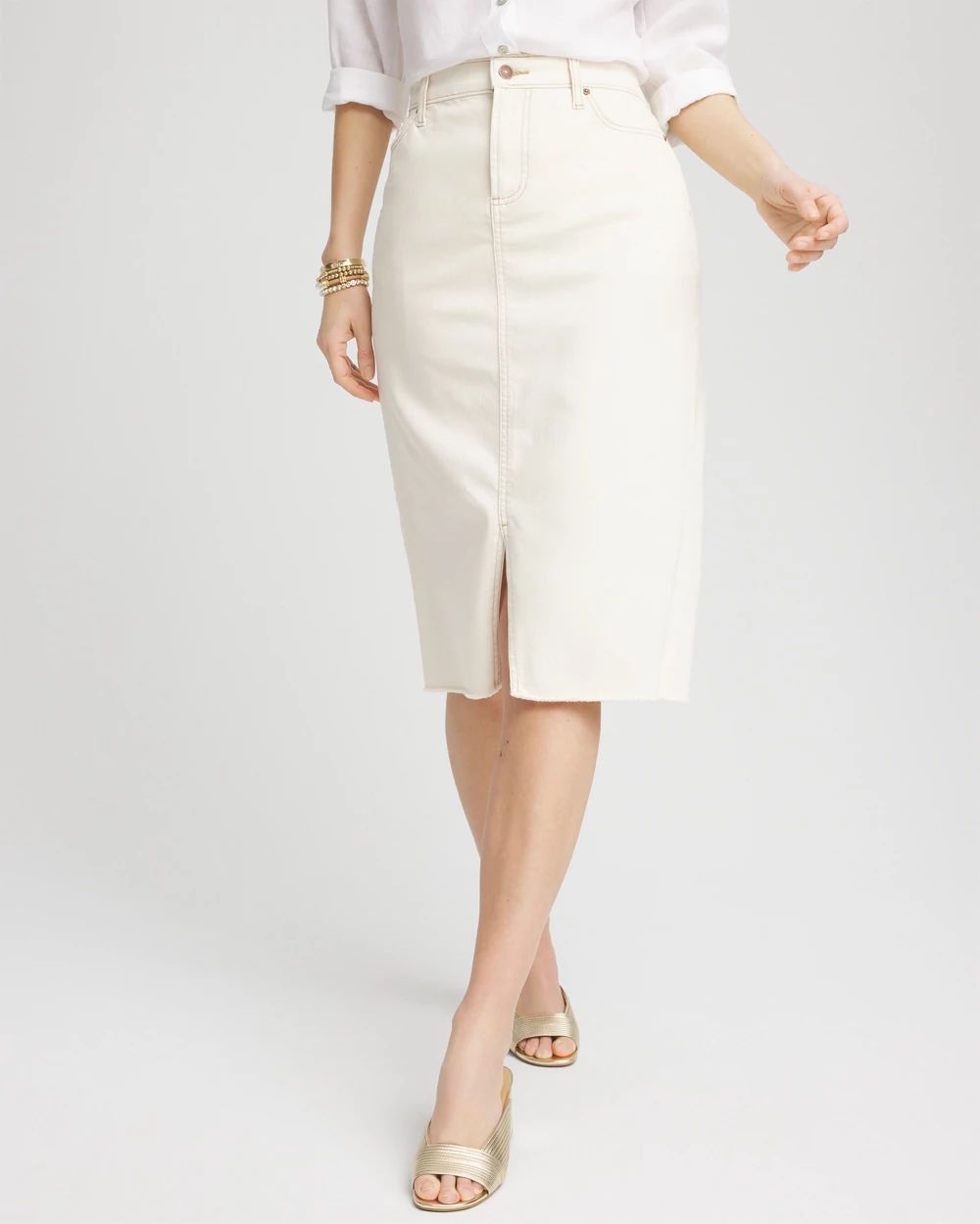 Frayed High-Rise Midi Stretch Denim Skirt click to view larger image.