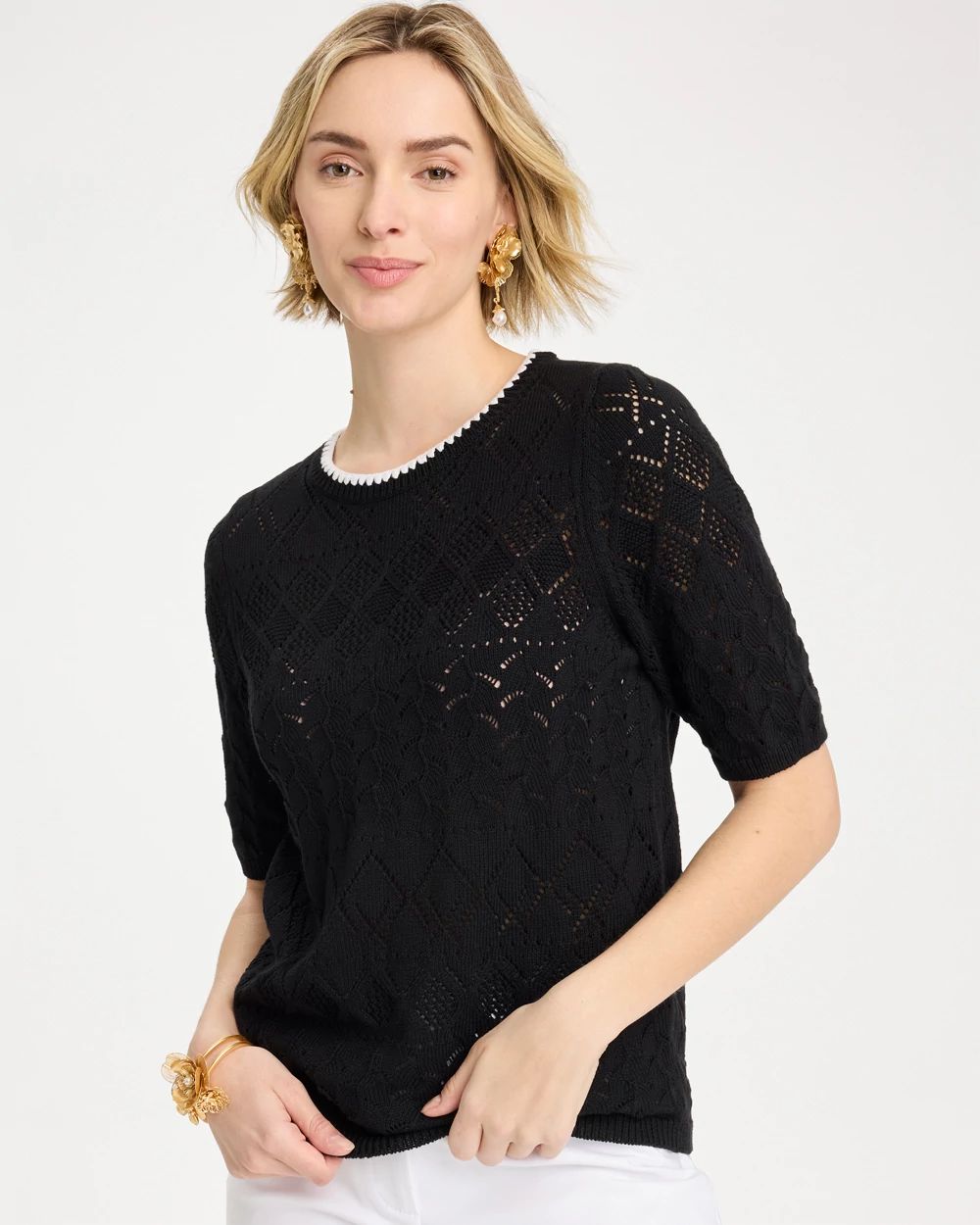 Pointelle Blanket-Stitch Pullover Sweater