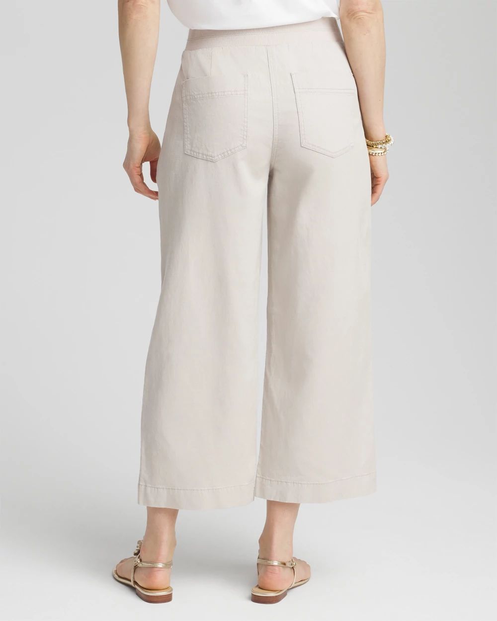 Ribbed Waist Linen Blend Straight-Leg Cropped Pants