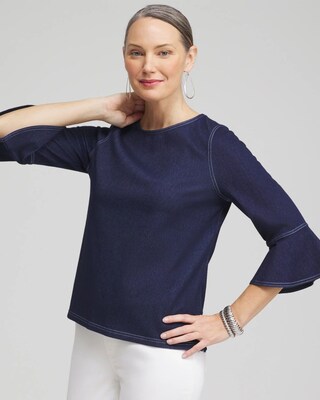 Faux Denim Trumpet Sleeve Top