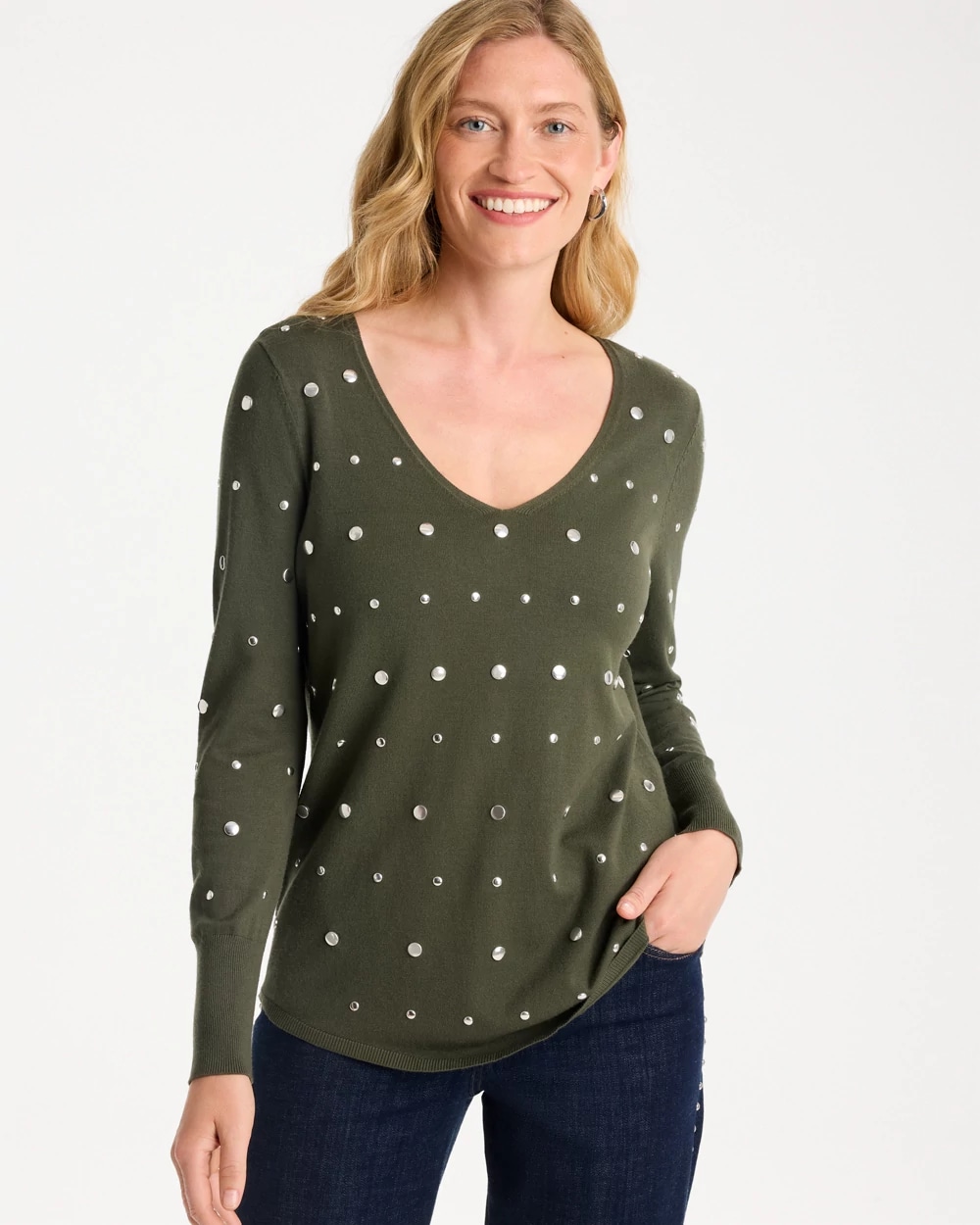 Ella Embellished V-Neck Pullover Sweater