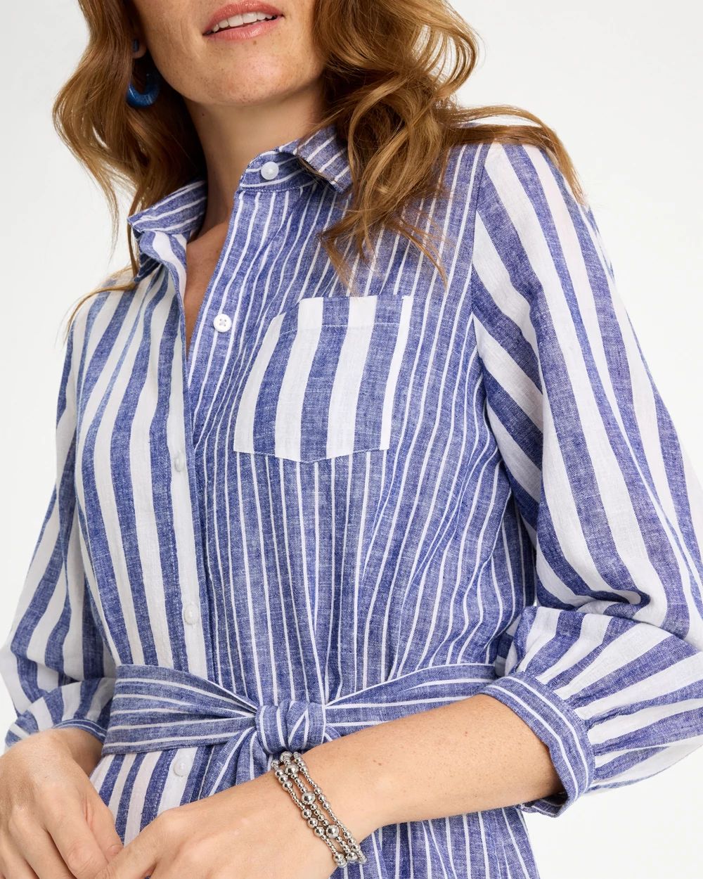 Linen-Cotton Striped Shirtdress click to view larger image.