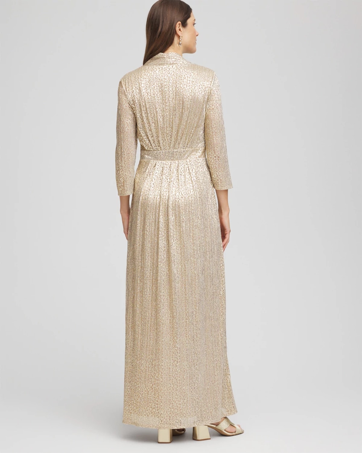 Chico's Petite Metallic Knit Pleated Maxi Dress In Gold In Gold