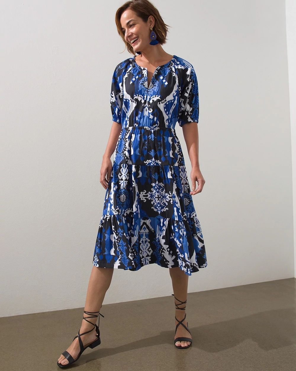 Ikat Puff Sleeve Tiered Dress