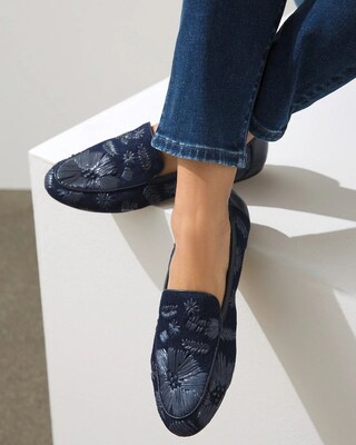 Navy Floral Raffia Loafers
