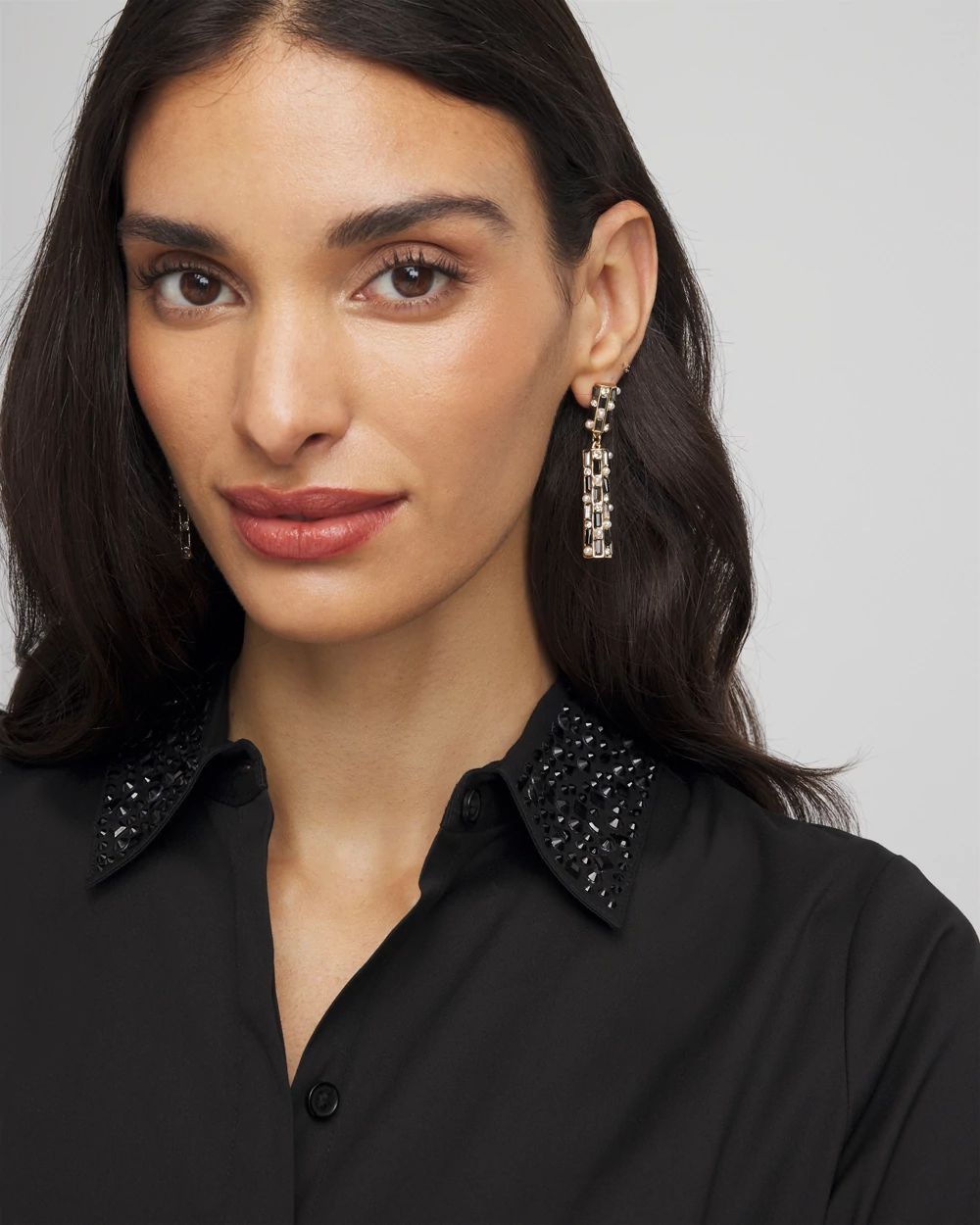 Black & Faux Pearl Linear Earrings