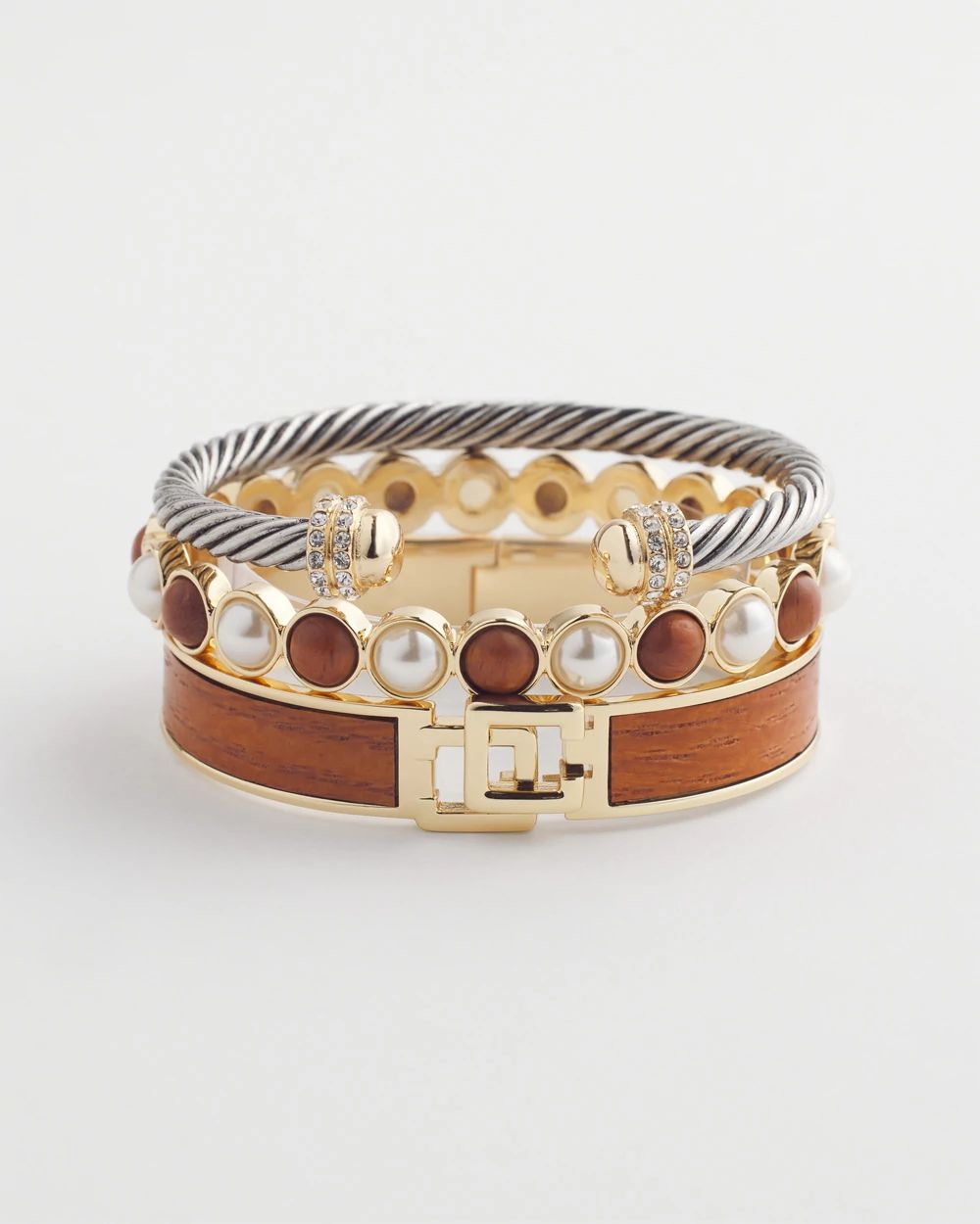 Wood & Faux Pearl Hinge Bracelet