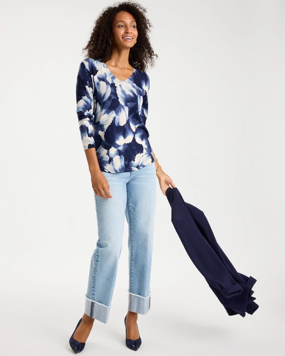 Ella V-Neck Floral Pullover Sweater click to view larger image.