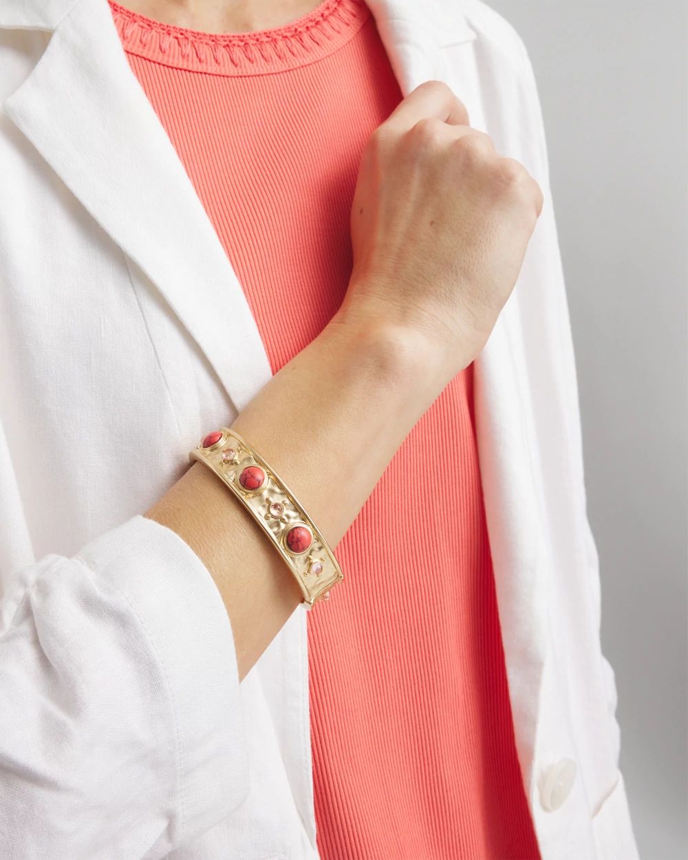 Coral Cab Stone Hinge Bangle Bracelet