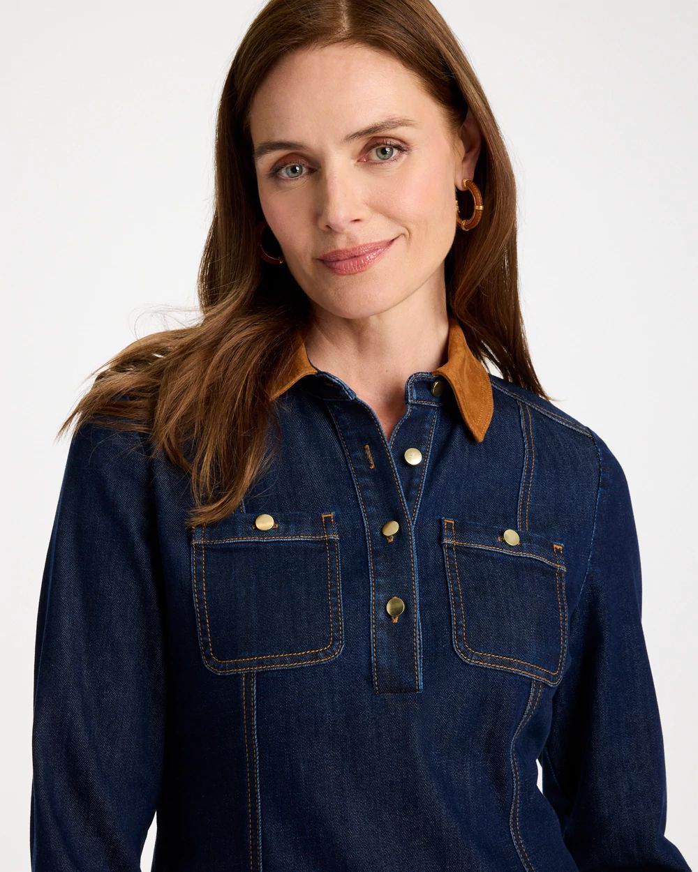 Denim Faux Suede Detail Dress click to view larger image.