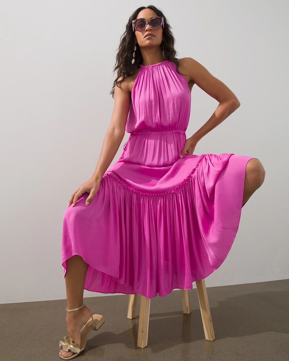 Ruched Crinkle Halter Dress