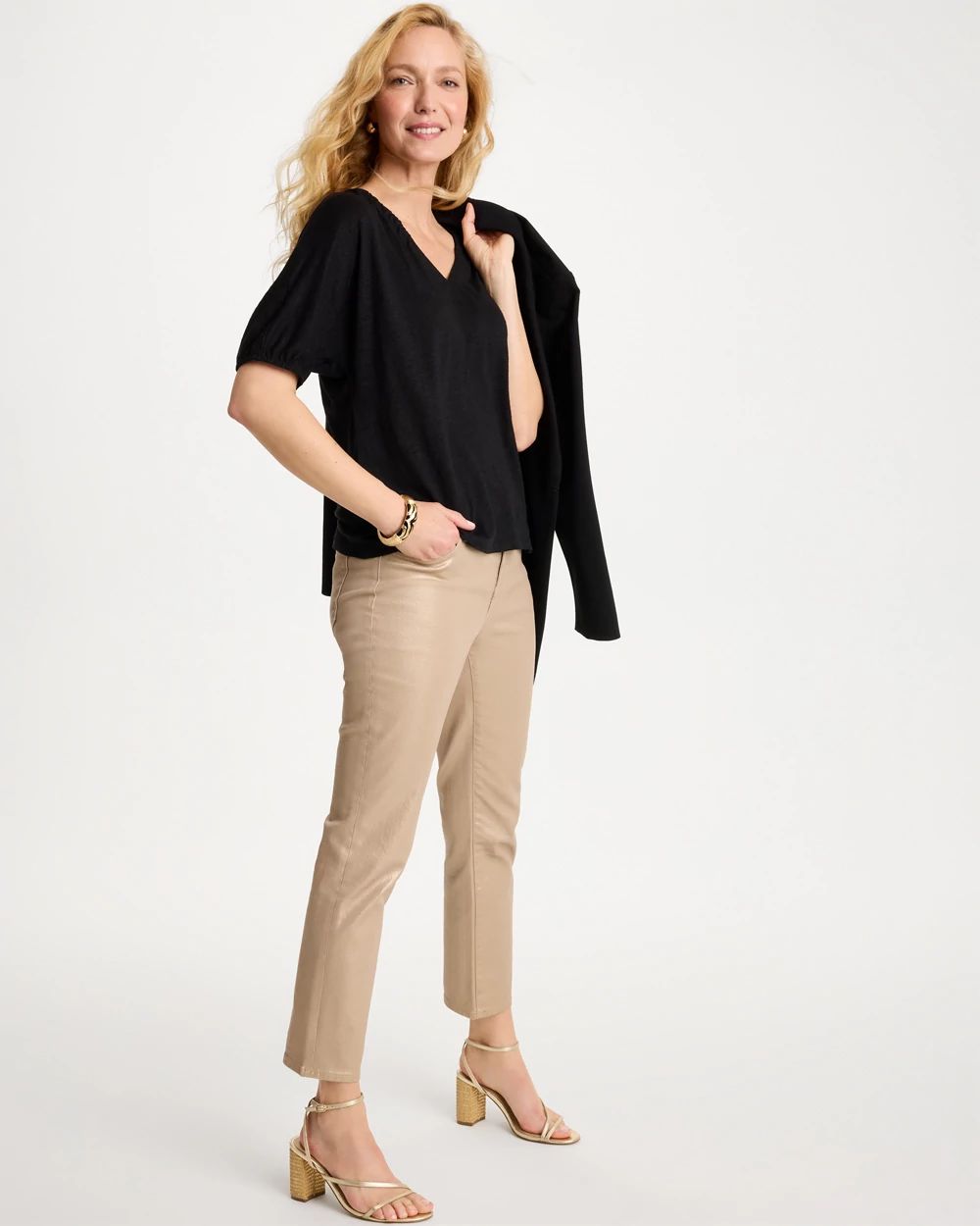 Linen Ruched V-Neck Tee