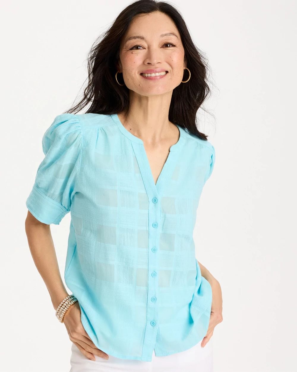 Cotton Plaid Elbow-Sleeve Shirt
