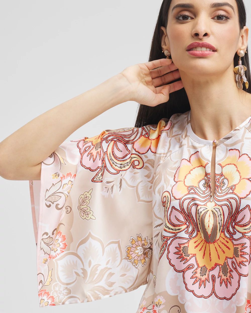 Satin Floral Keyhole Neck Blouse