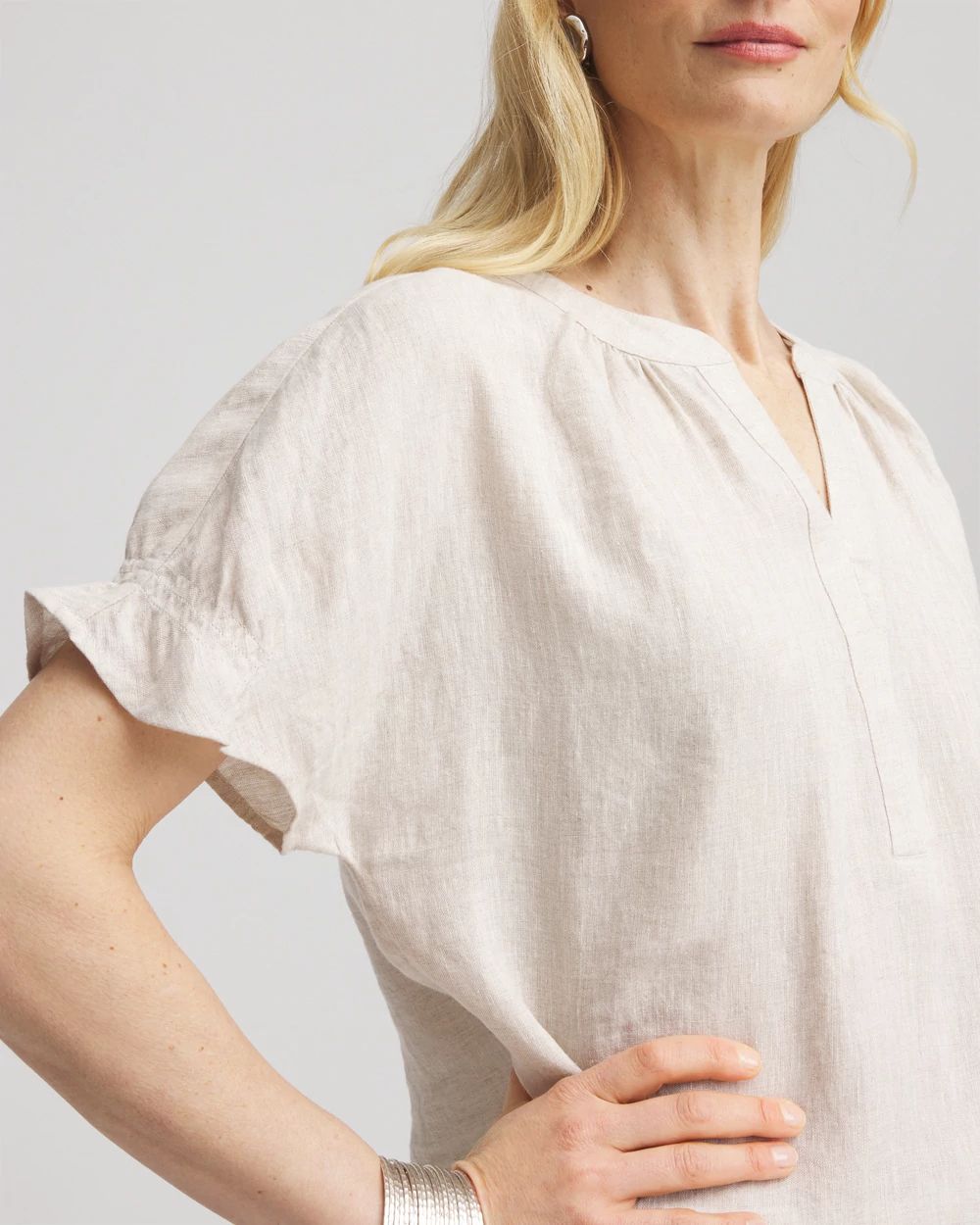 Linen Flutter-Sleeve Popover Top