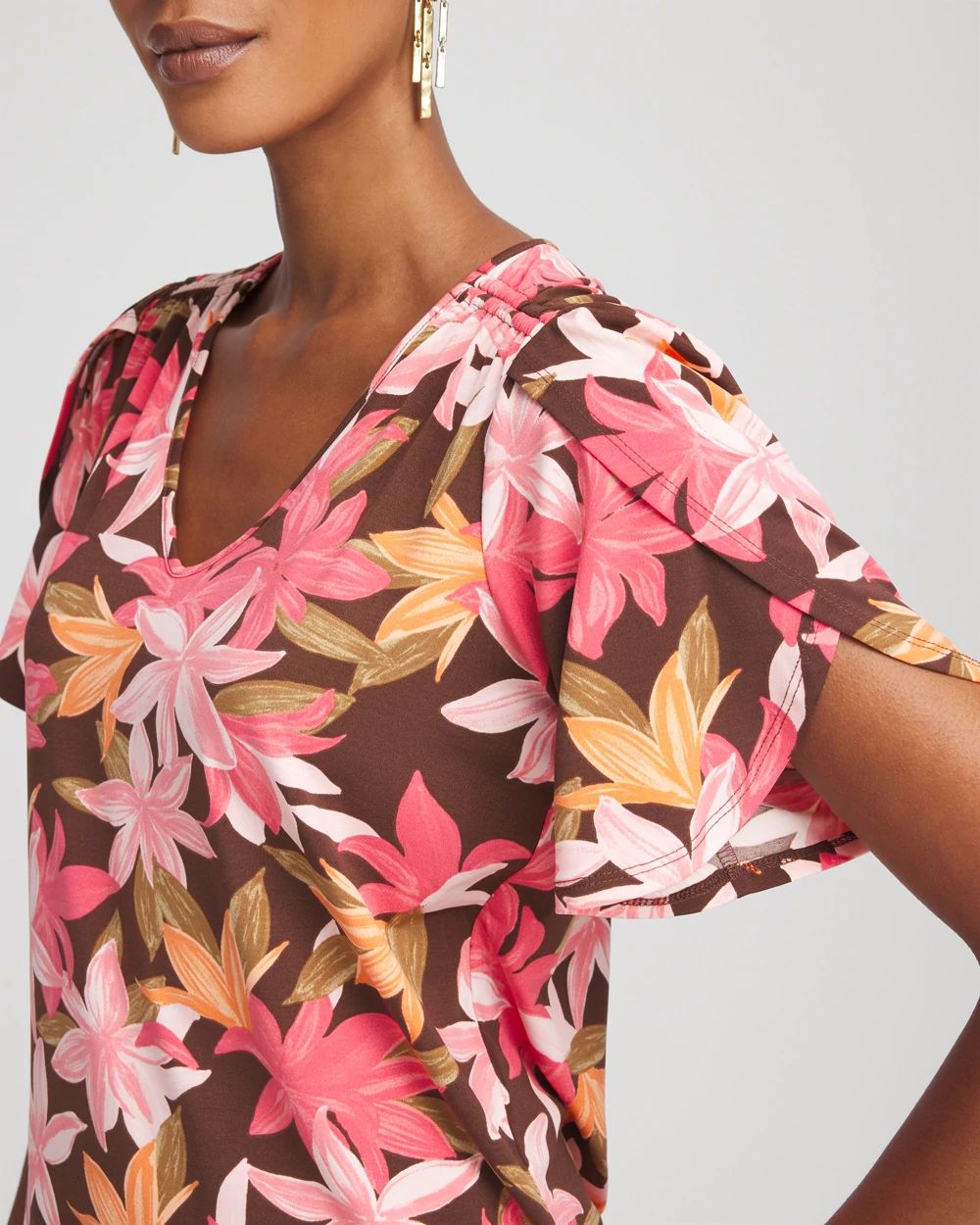 Floral Petal-Sleeve Voop Neck Tee click to view larger image.