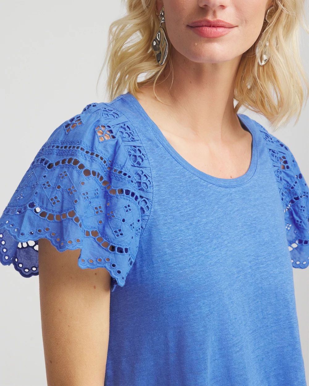 Linen Embroidered Flutter-Sleeved Tee