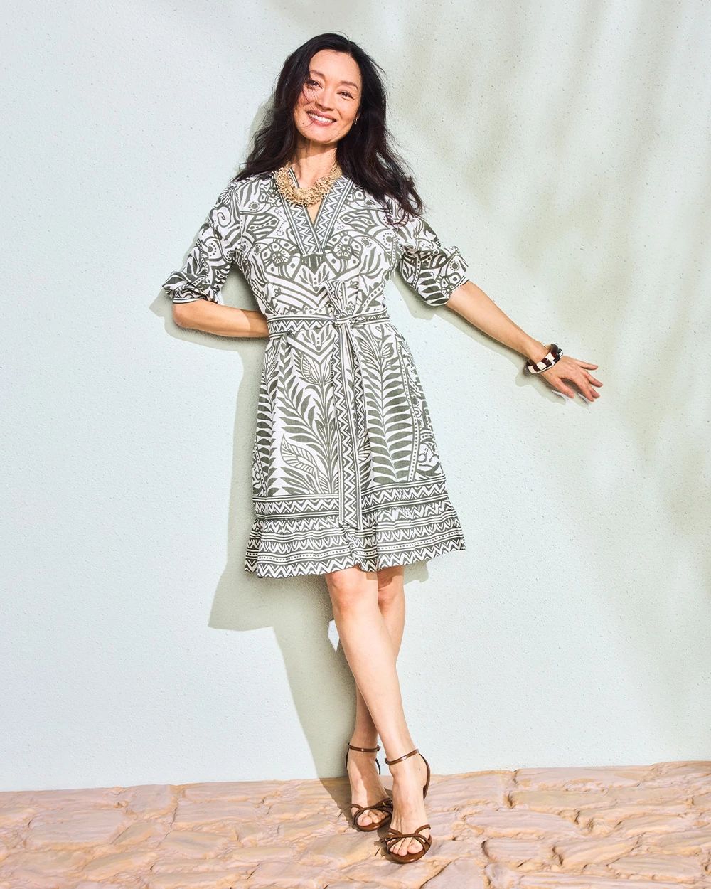 Printed Cotton-Linen Belted Dress