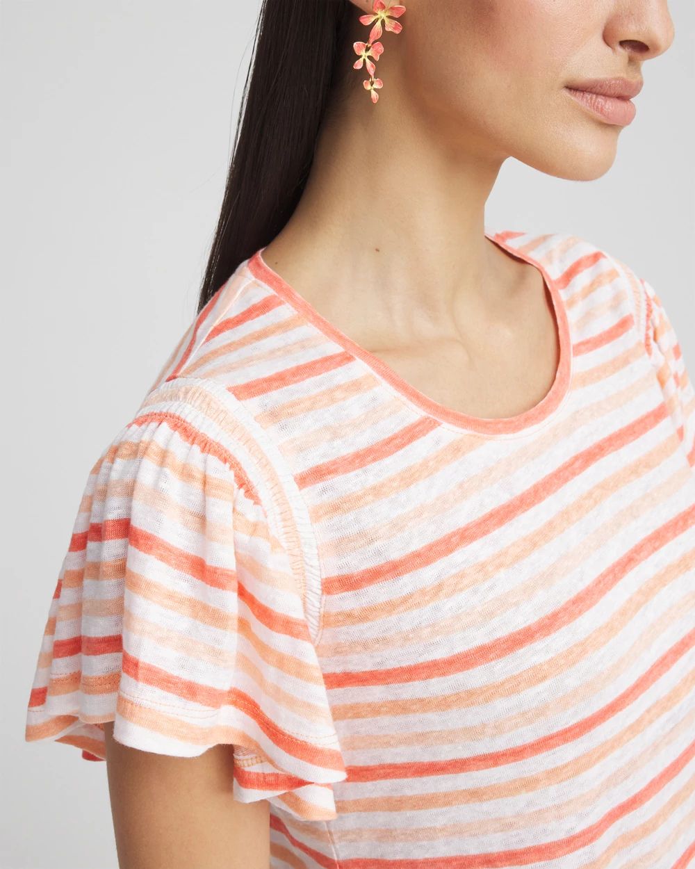 Striped Linen Smocked Flutter-Sleeved Tee click to view larger image.