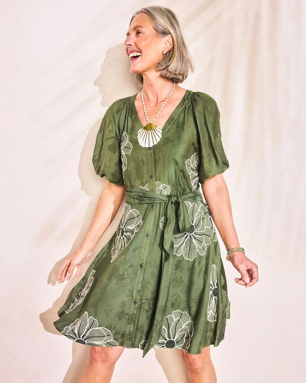 Embroidered Jacquard Belted Dress