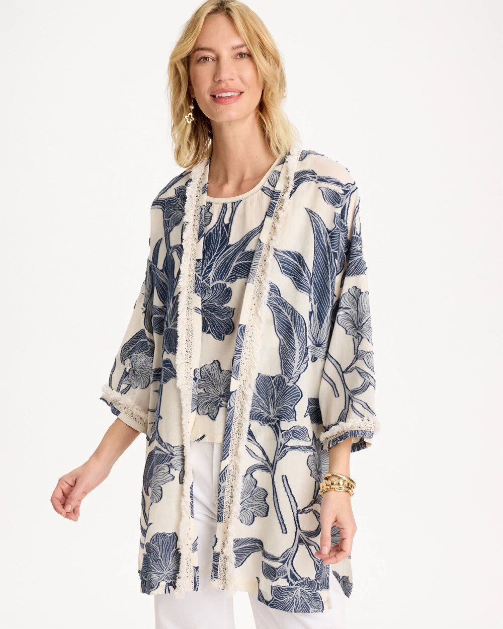 Chico's Cotton Jacquard Fringed Kimono In Blue