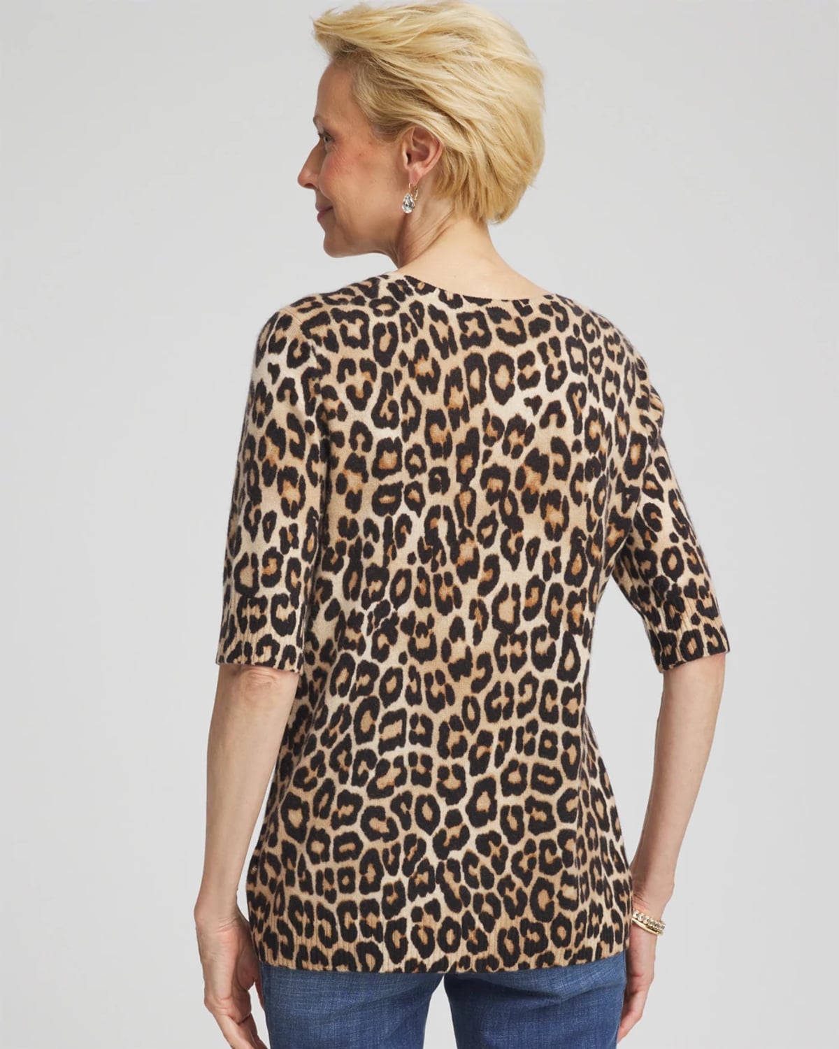 Chico's Cashmere Animal Elbow-sleeve Pullover In Tan In Brown