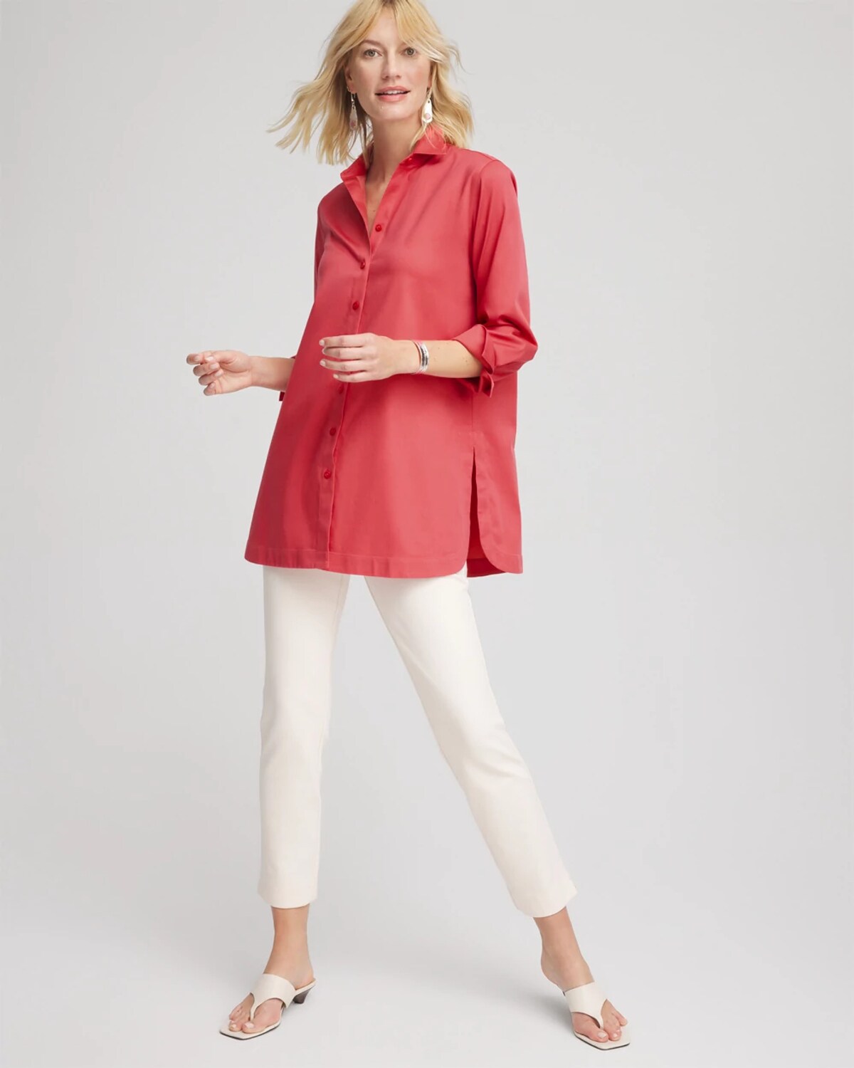 Chico's No Iron Classic Button Down Tunic In Folkloric Red