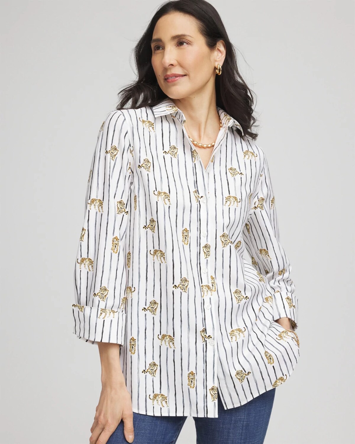 Chico's No Iron Leopard Graphic Shirt In White In White