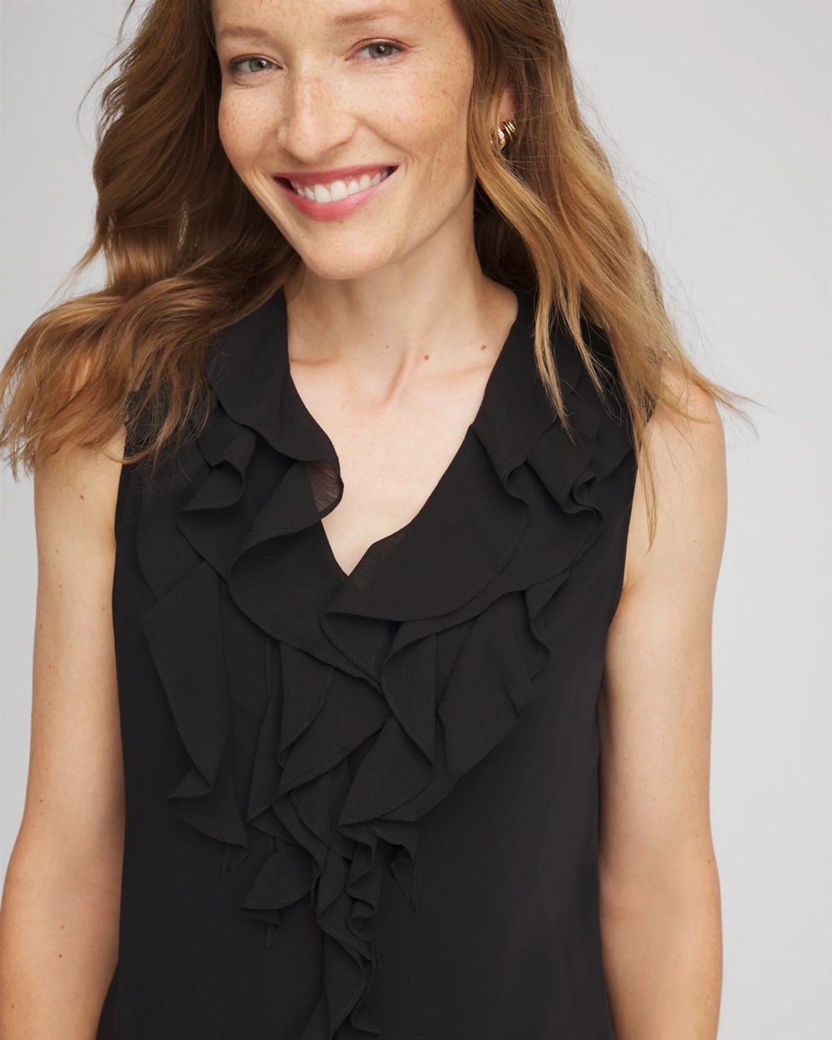 Chico's Satin Ruffle Tank In Black In Black