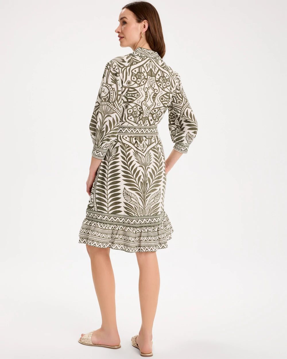 Printed Cotton-Linen Belted Dress click to view larger image.
